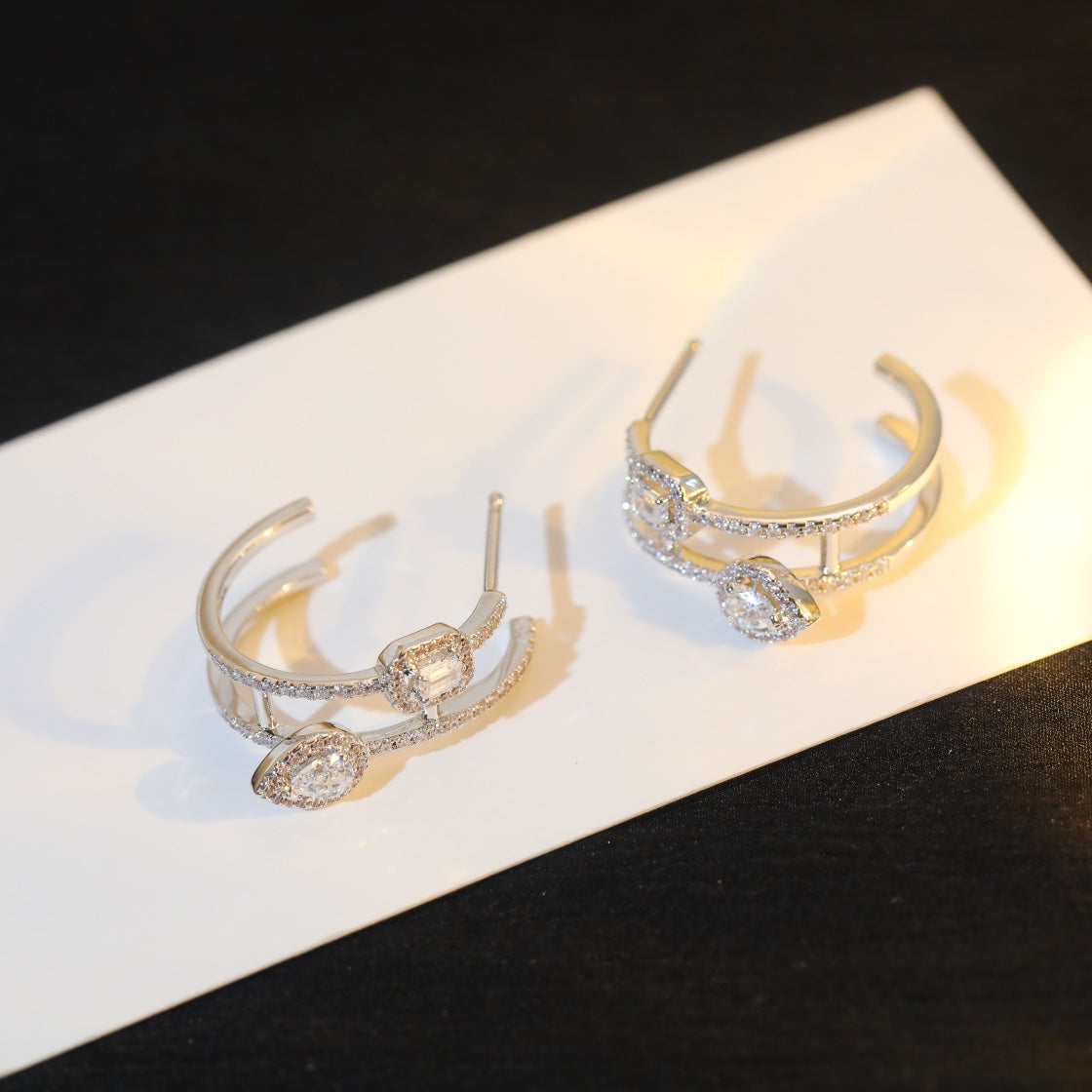 [⭐Hinora Jewelry]CREOLES MY TWIN 2 RANGS SILVER DIAMOND EARRINGS