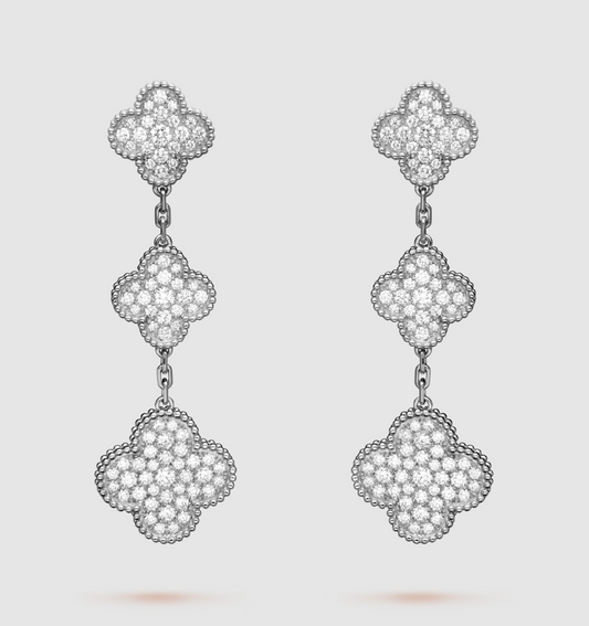 [⭐Hinora Jewelry]CLOVER 3 MOTIF DIAMOND SILVER DROP EARRINGS