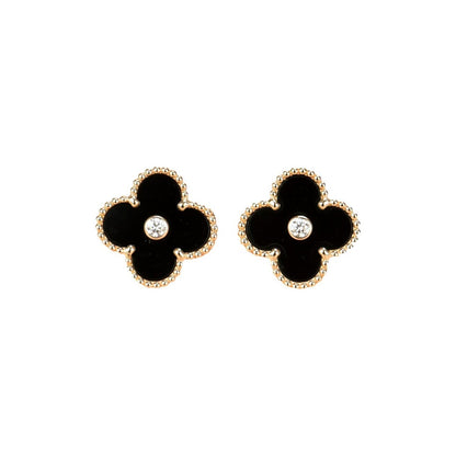 [⭐Hinora Jewelry]CLOVER MEDIUM 1 MOTIFS ONYX DIAMOND EARRINGS
