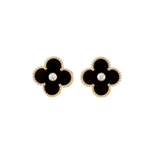 [⭐Hinora Jewelry]CLOVER MEDIUM 1 MOTIFS ONYX DIAMOND EARRINGS