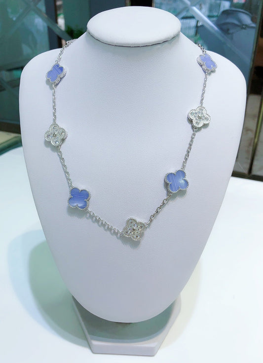 [⭐Hinora Jewelry]CLOVER 10 MOTIFS CHALCEDONY DIAMONDS SILVER NECKLACE