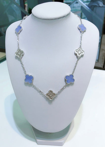 [⭐Hinora Jewelry]CLOVER 10 MOTIFS CHALCEDONY DIAMONDS SILVER NECKLACE