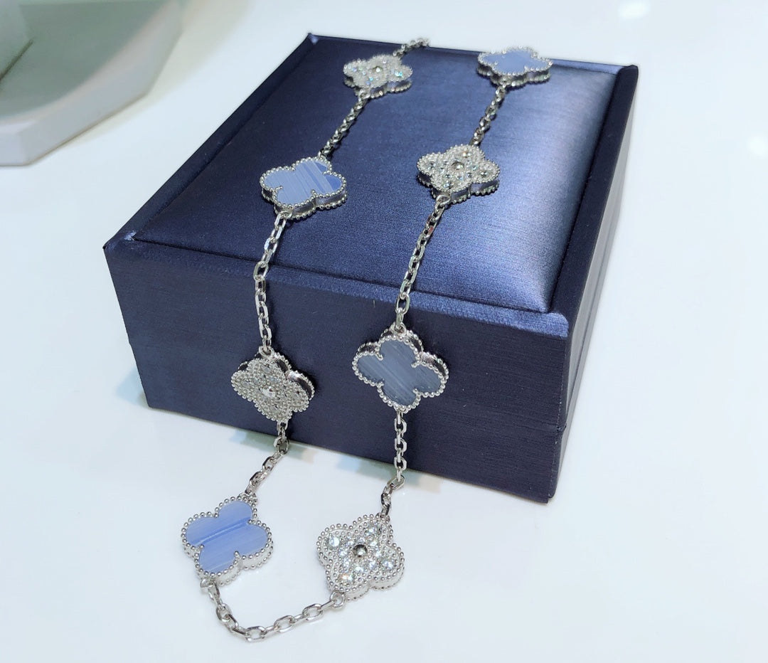 [⭐Hinora Jewelry]CLOVER 10 MOTIFS CHALCEDONY DIAMONDS SILVER NECKLACE