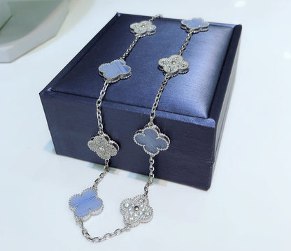 [⭐Hinora Jewelry]CLOVER 10 MOTIFS CHALCEDONY DIAMONDS SILVER NECKLACE