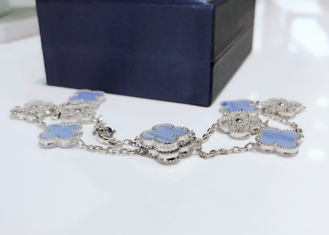 [⭐Hinora Jewelry]CLOVER 10 MOTIFS CHALCEDONY DIAMONDS SILVER NECKLACE