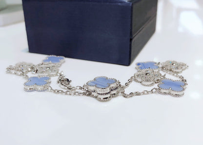 [⭐Hinora Jewelry]CLOVER 10 MOTIFS CHALCEDONY DIAMONDS SILVER NECKLACE