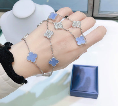 [⭐Hinora Jewelry]CLOVER 10 MOTIFS CHALCEDONY DIAMONDS SILVER NECKLACE