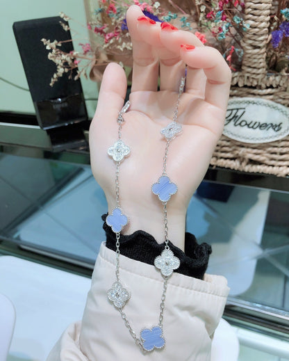 [⭐Hinora Jewelry]CLOVER 10 MOTIFS CHALCEDONY DIAMONDS SILVER NECKLACE