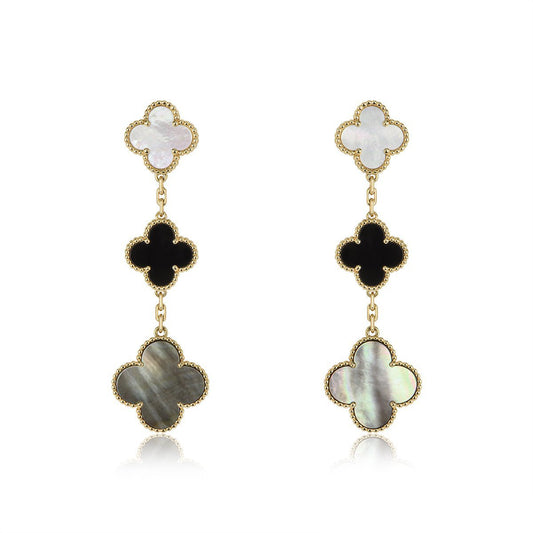 [⭐Hinora Jewelry]CLOVER EARRINGS GOLD ONYX MOP 3 MOTIF